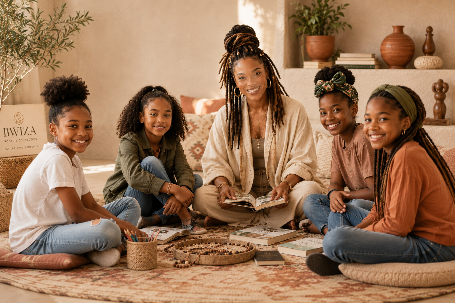A Bwiza Roots & Connection learning circle with girls, books, beads, and a trusted mentor in a warm cultural space.