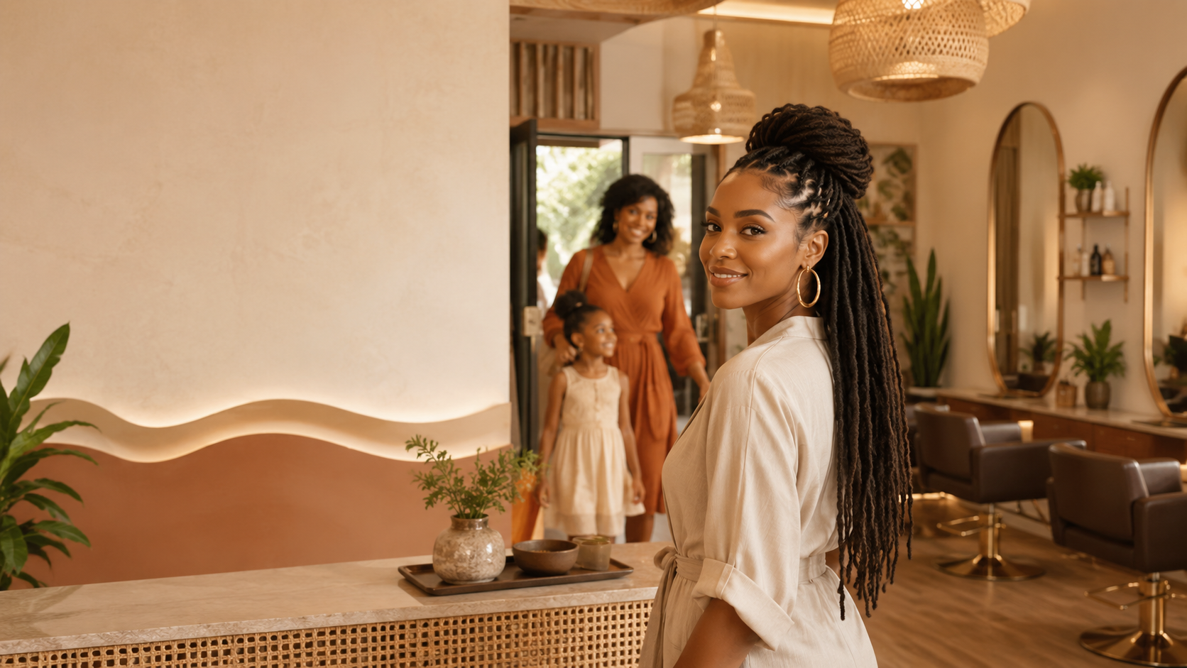 A warm Bwiza Roots & Connection salon welcome scene with a professional host, mother, and child entering a clean braiding studio.